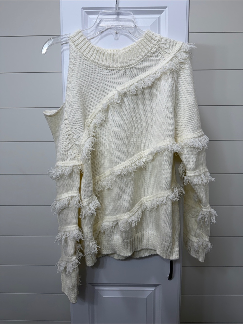 Fringed Cold-Shoulder Knit Sweater - Cream